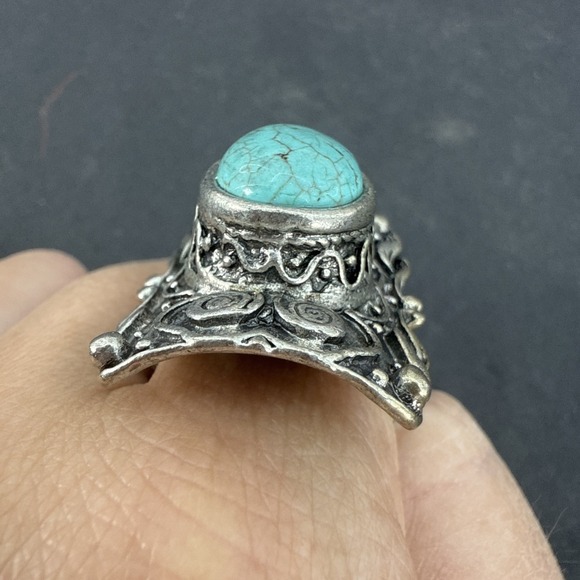 Vintage Turquoise Silver Tone Stretch Ring Big Comfortable Ring - Picture 4 of 16
